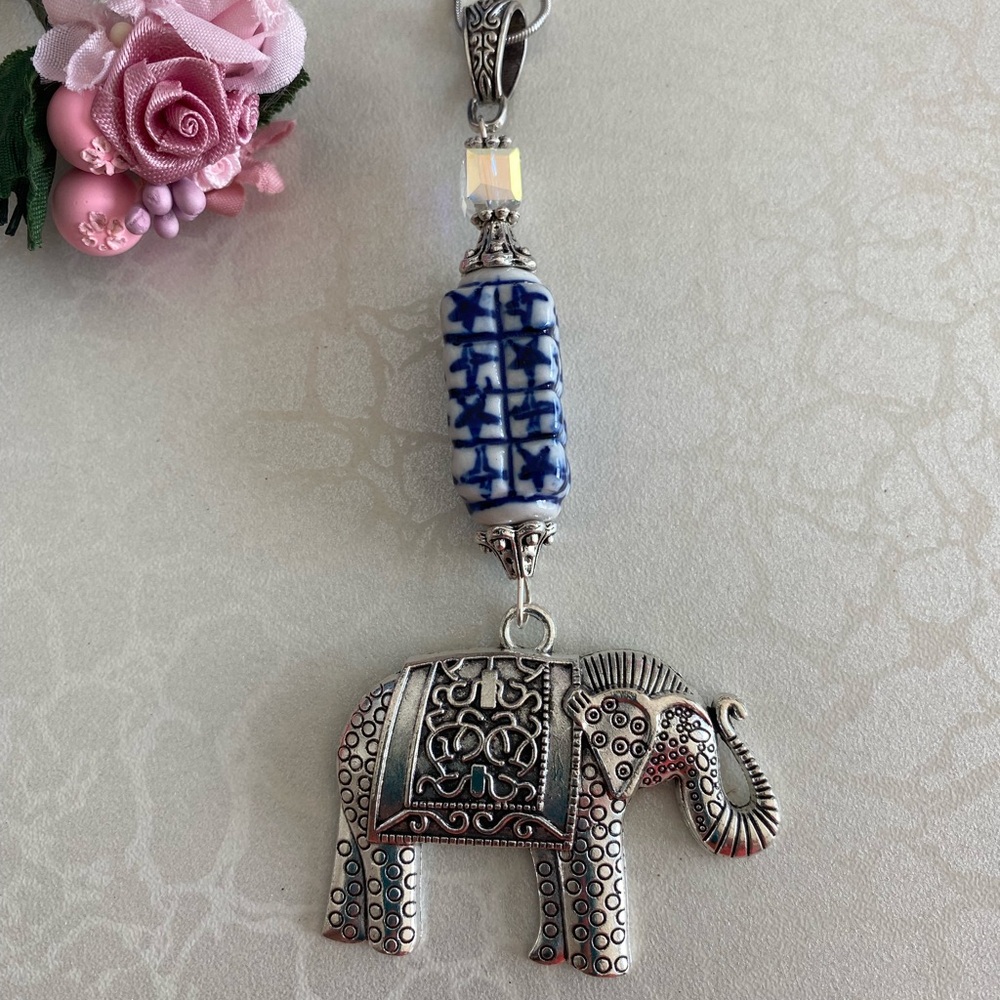 Silver Elephant Pendant with Blue Ceramic Bead and sterling silver necklace